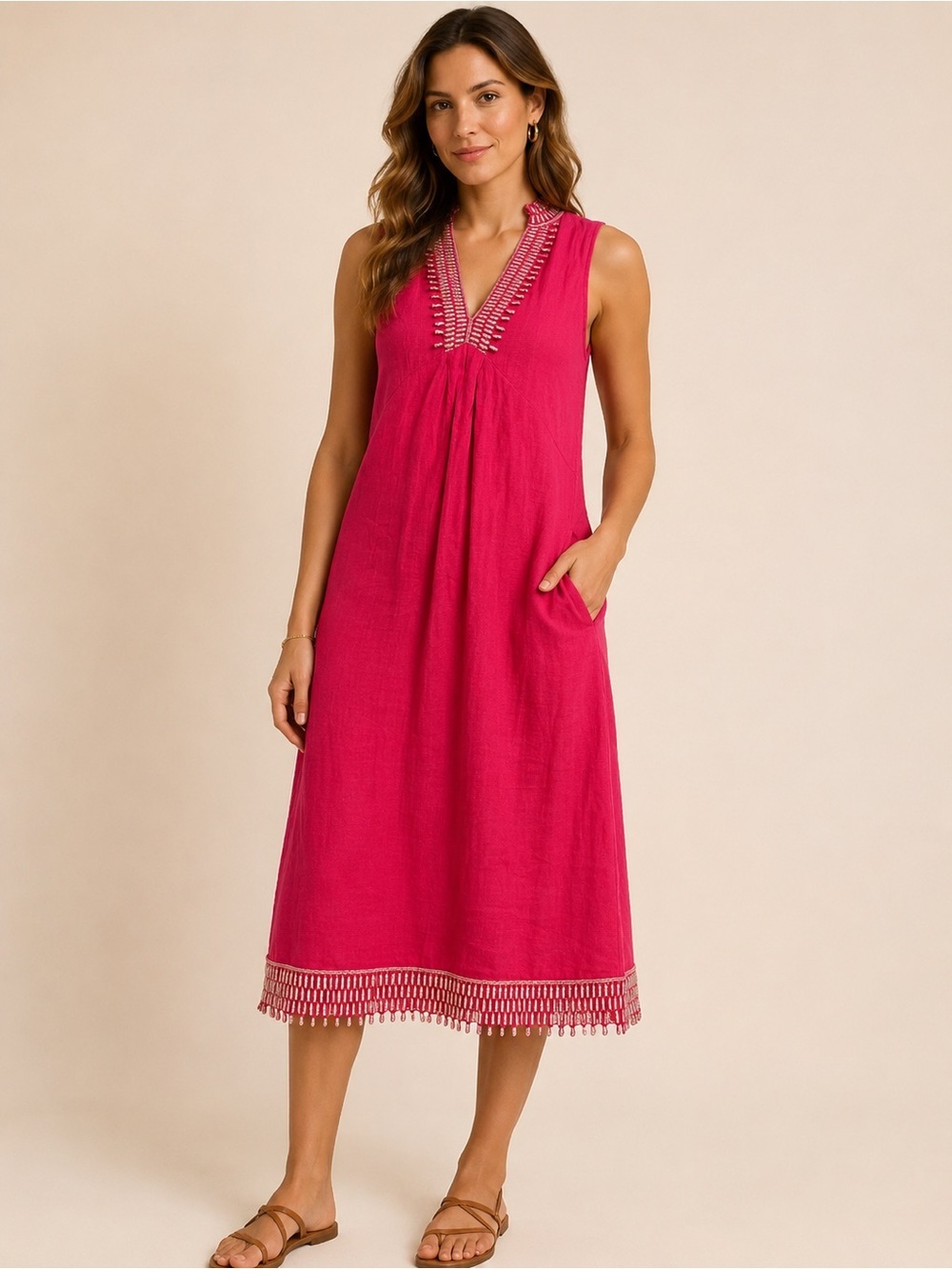 120% Lino Sleeveless Fuchsia Midi Dress with Embroidered Trim
